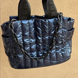 Ah-dorned | Navy Metallic Tote Bag w/ Crossbody Strap & Bag Charm Chain